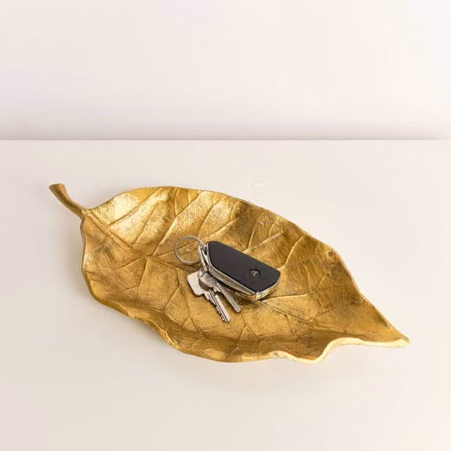 Melody Maison Antique Gold Bay Leaf Shaped Metal Trinket Tray, Width: 36 cm