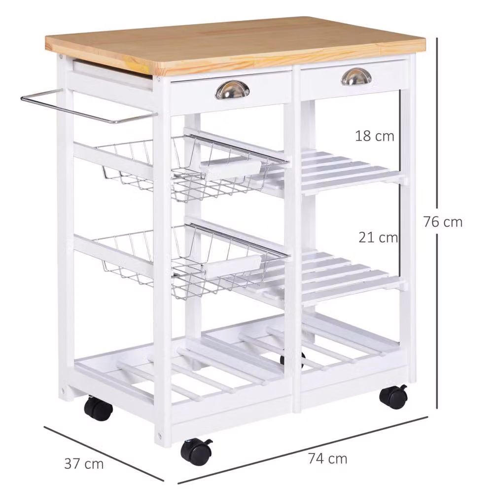 STILVORA White Kitchen Trolley with Pine Wood and Metal Storage and 6 Bottle Wine Rack – 2