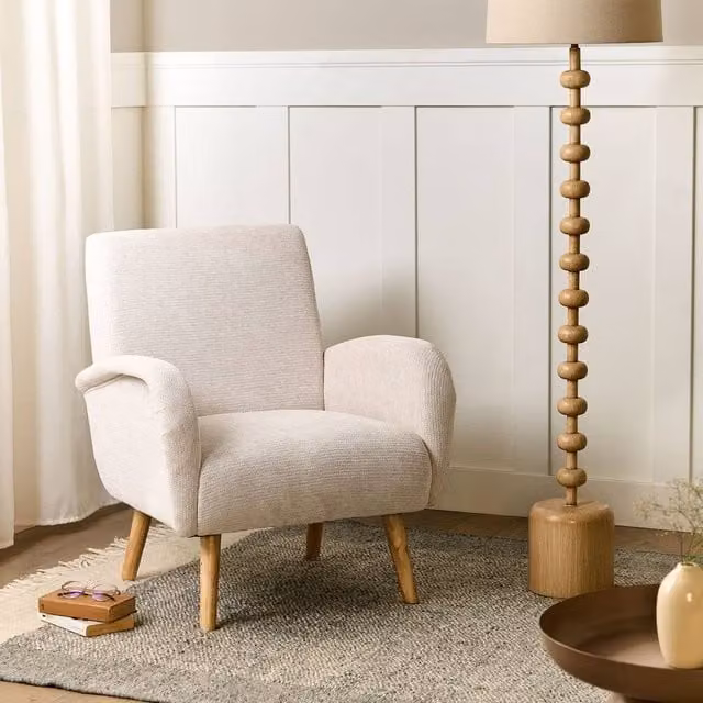 Wyld Haus Beige Fabric Wide Tub Armchair with Rubberwood Legs – 1