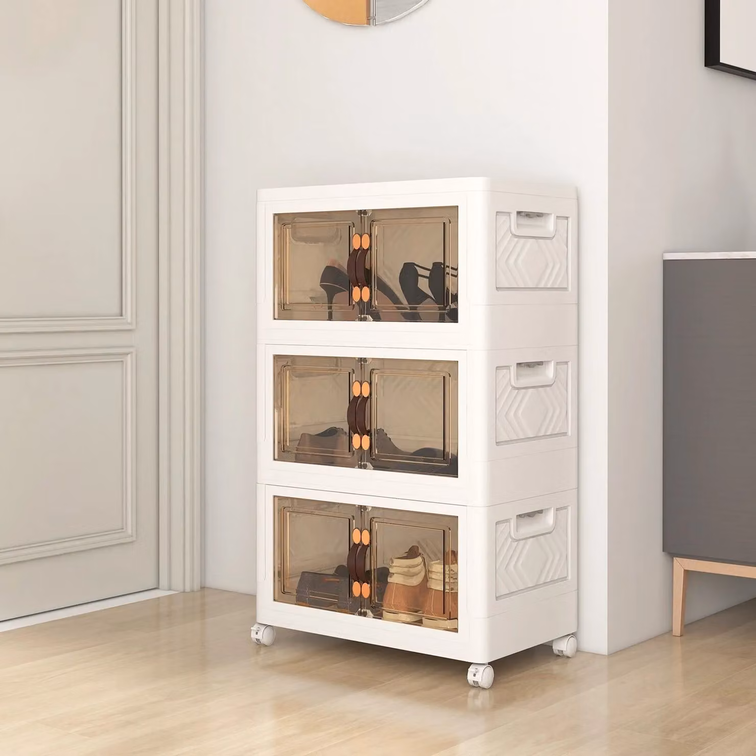 Costway 3 Pack Stackable Folding Storage Cabinets with Lockable Wheels and Glass Doors in White – 3