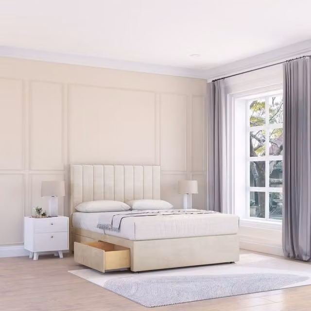 Sloomy Kansas Small Single Divan Bed Base and 26 inch Struts Headboard in Beige Striped Fabric