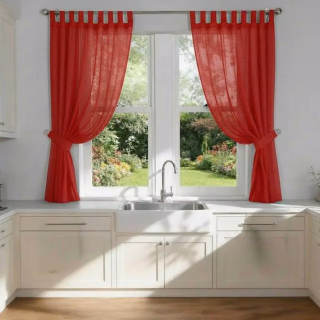 Luxury Living Red Voile Tab Top Sheer Curtain Pair with Crystal Tie Backs, Width: 145 cm, Drop: 122 cm – 1