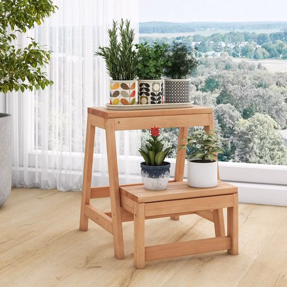 FORGEVIO 2-Tier Wooden Plant Stand and Folding Step Stool in Natural Brown – 2