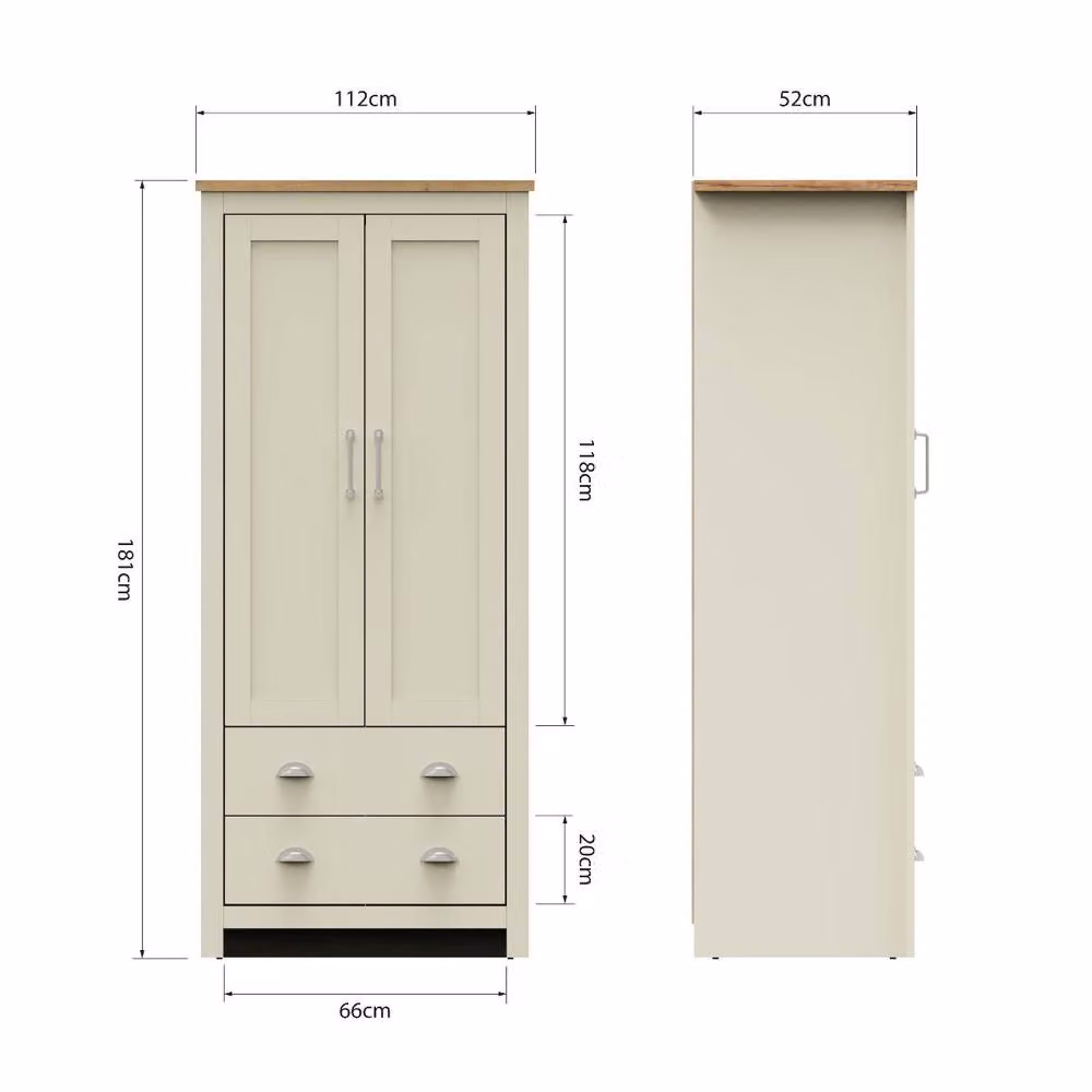 Timber Art Design Lisbon 2 Door 2 Drawer Wardrobe in Beige, H 181 x W 79 x D 52 cm – 2