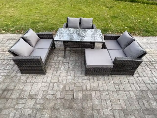 Fimous 7 Seater Rattan Wicker Garden Furniture Set with Dining Table in Dark Grey