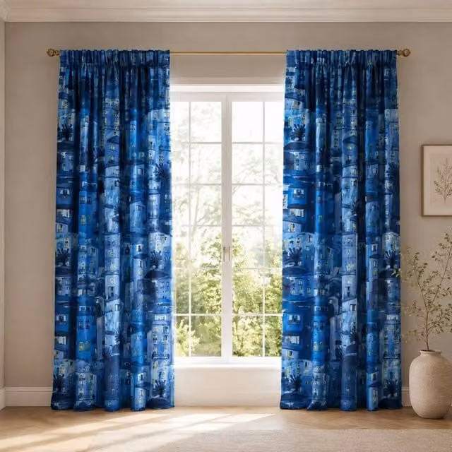 Smart Living Rural Italy Mediterranean Village Print Curtains Pair with Tie Backs in Teal, Width: 167 cm, Drop: 183 cm – 1