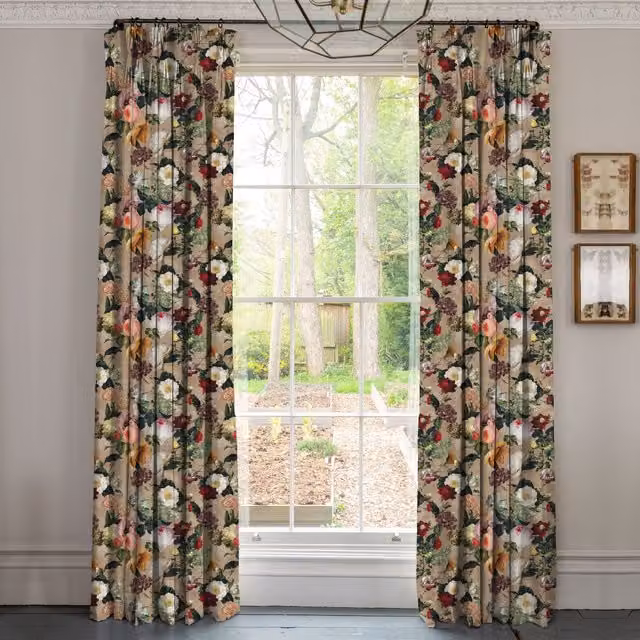 Linda Barker Florabunda Made To Measure Velvet Curtains in Parchment Beige and Multicolour Floral Design