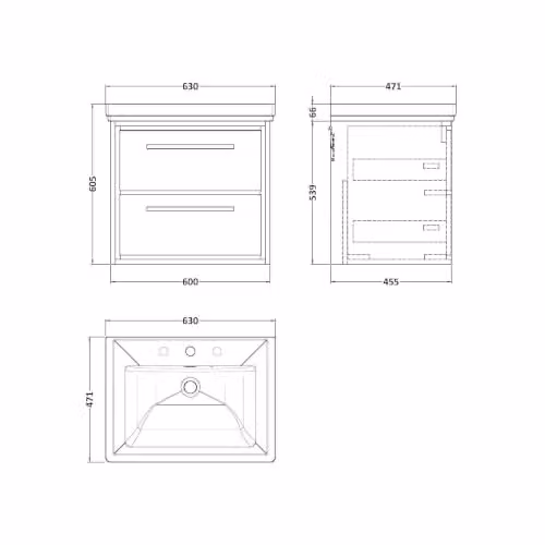 Balterley Longnor Wall Mounted 2 Drawer Bathroom Vanity Unit with Basin in Antique Oak Brown W/D/H: 63 x 47.1 x 60.5 cm – 2