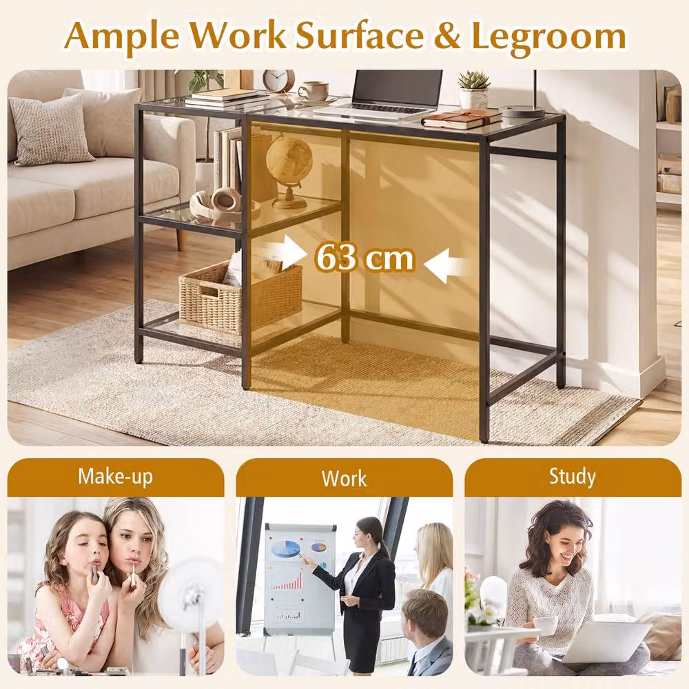 Gymax Modern Writing Desk with Tempered Glass Top and Metal Frame in Black and Transparent – 3