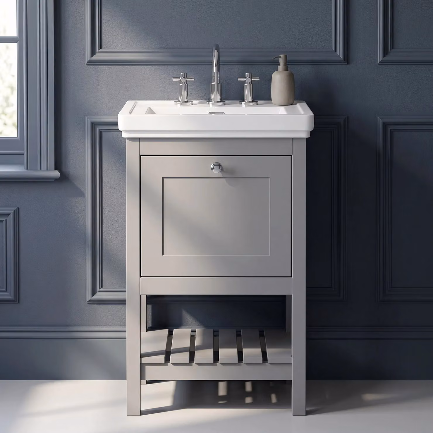 Balterley Straight Bathroom Floor Vanity with 1 Drawer and 3 Tap Hole Basin, Cool Grey – 5