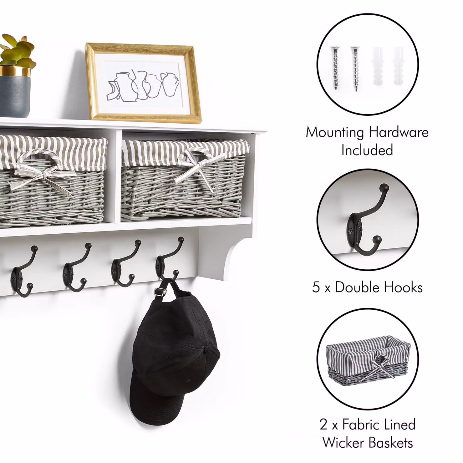 VonHaus Amory White Wall Mounted Hallway Coat Hooks with Rattan Storage Baskets – 3