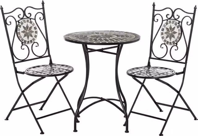 Outsunny 3 Piece Mosaic Tile Garden Bistro Set with Round Ceramic Table and 2 Folding Metal Chairs in Black – 1