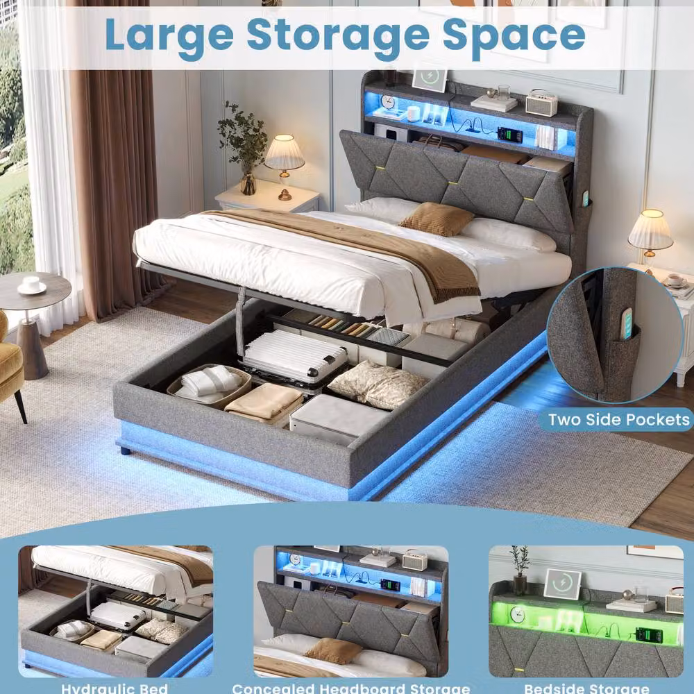 STILVORA Single Upholstered Bed Frame with Lift-Up Storage, LED Lighting and USB Ports in Grey – 4