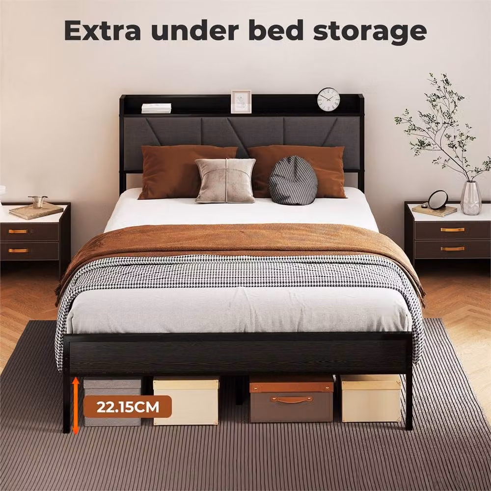 Nordara Small Double Metal Platform Bed Frame with Black Upholstered Headboard, W/D/H: 120 x 200 cm – 3
