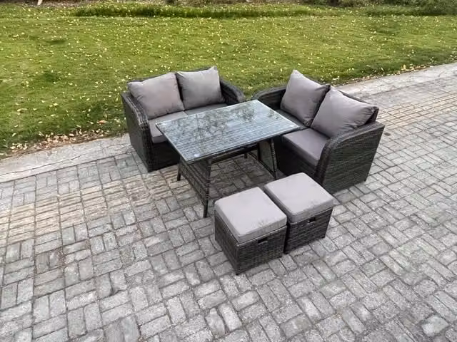 Fimous 5 Piece Wicker Rattan Garden Furniture Set with Rectangular Dining Table in Dark Grey