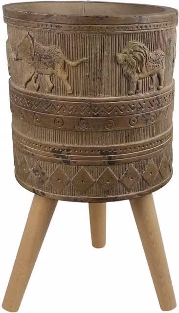 Botanik Leaf Jungle Planter with Legs and Embossed Lion and Elephant Design in Dark Brown, W: 55 cm, D: 29 cm