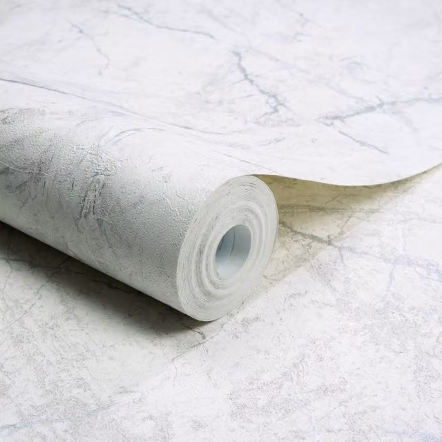 Grandeco Thassos Silver Thread Marble Textured Wallpaper in White and Gold