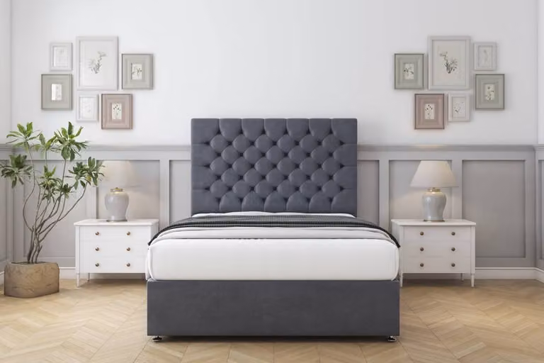 Sloomy Mayfair Plush Divan Bed Base with 2 Drawers and 26 inch Chesterfield Headboard, Dark Grey, W/D/H: 90 x 200 cm, Single