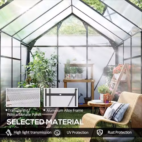 Outsunny Aluminium and Polycarbonate Walk-In Garden Greenhouse with Sliding Door, Grey and Transparent – 4