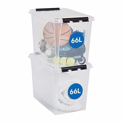 SmartStore 66L Large Plastic Storage Boxes with Lid, 2 Pack, Clear, L59 x W39 x H43 cm