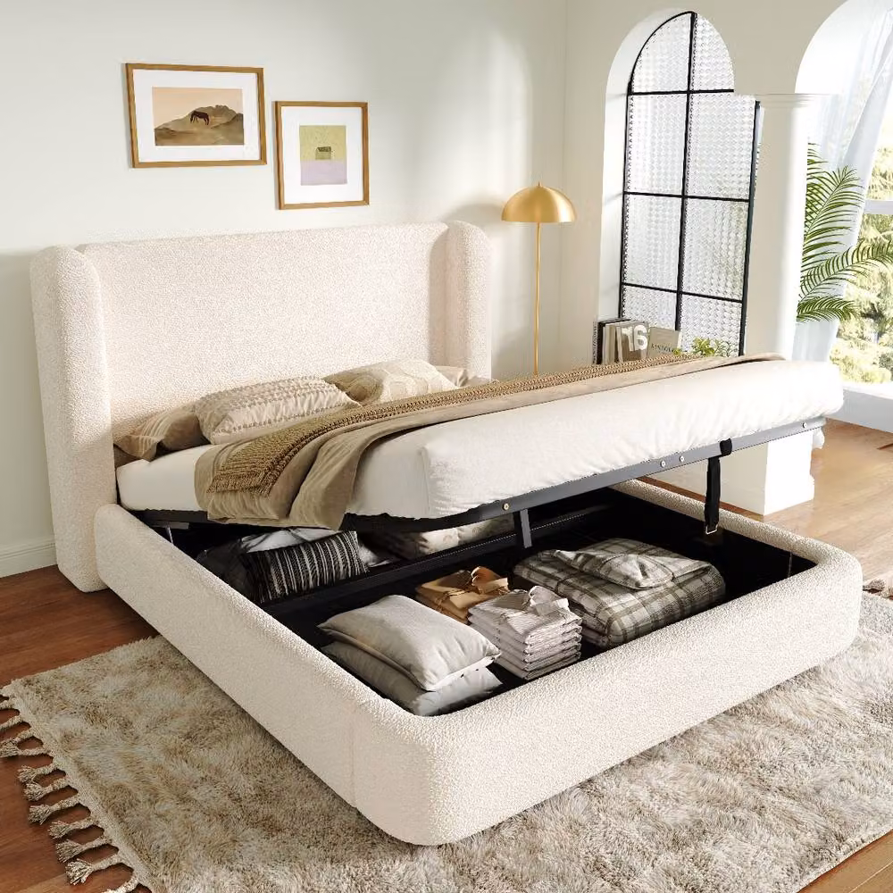 Rolipo King Size Bouclé Wingback Ottoman Storage Bed in White – 2
