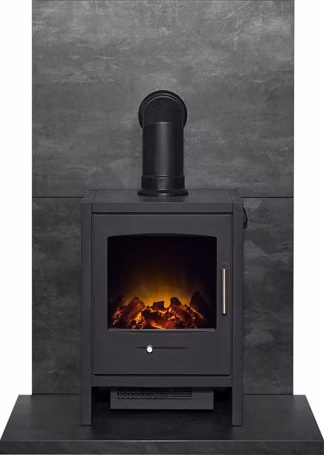 Acantha Fires & Fireplaces Bergen Electric Stove and Angled Pipe Set with Slate Venetian Plaster Effect Tile and Hearth in Grey – 1