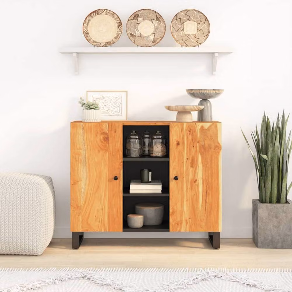 Berkfield Home Solid Acacia Wood Sideboard with 2 Doors in Brown, W/D/H: 90 x 33 x 75 cm – 2
