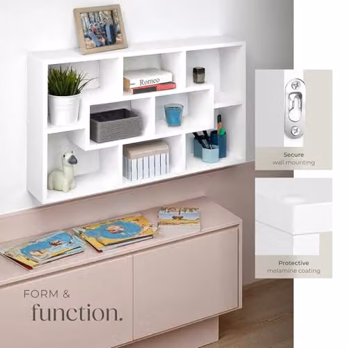 tectake Cassandra White Wall-Mounted Cube Storage Bookcase with 8 Open Compartments, W: 85 cm, H: 48 cm, D: 16 cm – 4