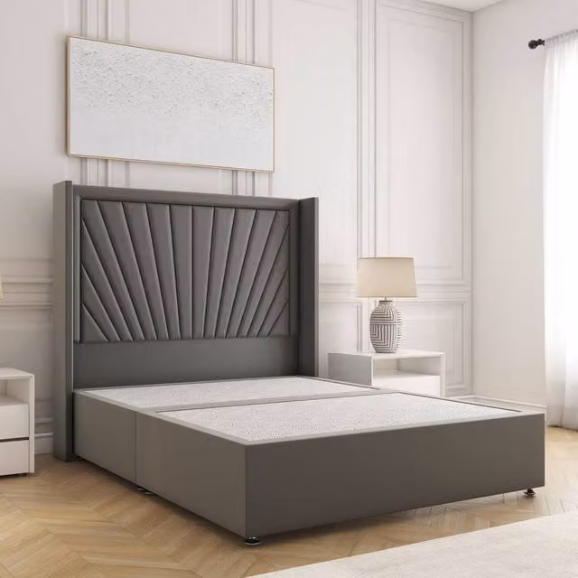BSSPOKE Alina King Divan Bed with 54 inch Plush Velvet Headboard in Grey, W/D/H: 180 x 200 cm