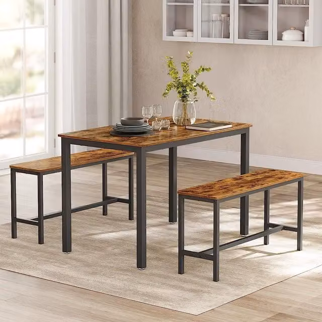 VASAGLE 3 Piece Industrial Style Dining Table and Benches Set in Dark Brown – 1