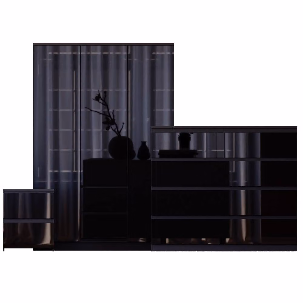 Vida Designs Glinton 3 Piece Modern Glossy Black Bedroom Set Including 2 Bedside Tables, 8 Drawer Chest and Wardrobe – 2