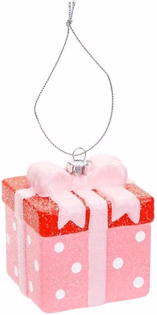 VFM e-Store Pink Glitter Present Christmas Tree Hanging Ornament, W/D/H: 9.5 x 7.5 x 7.5 cm