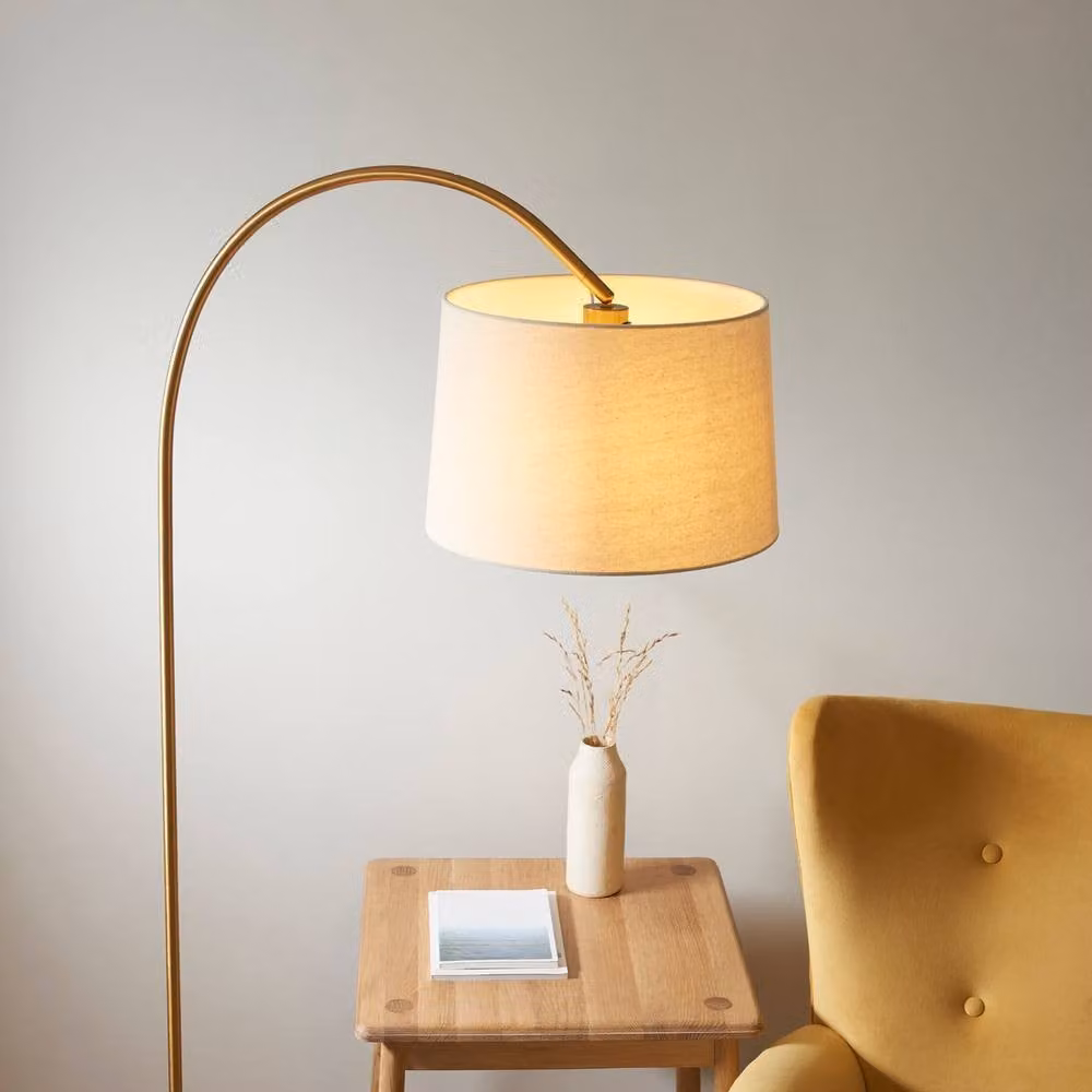 Netlighting Carlson Arc Floor Lamp in Gold/Brass with Beige Natural Fabric Shade, E27 – 3