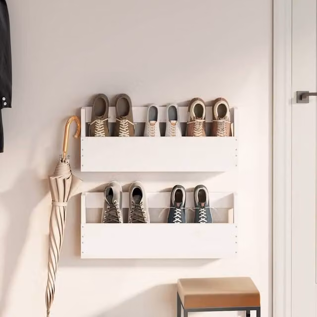 Berkfield Home Set of 2 White Wall-mounted Shoe Racks in Solid Pine Wood, W: 59 cm, D: 23 cm, H: 9 cm