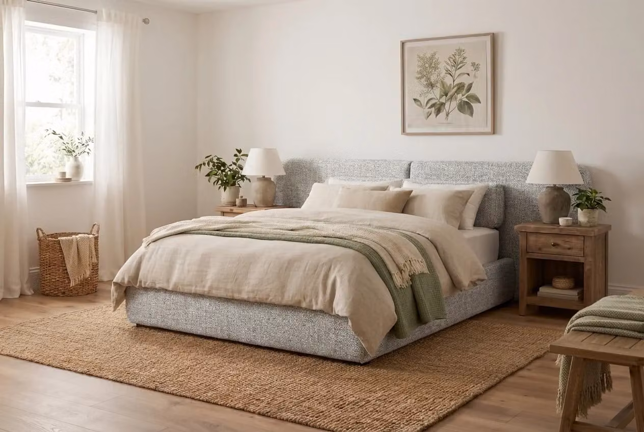 Araco Atelier Nova Upholstered Bed in Beige and Grey Fabric