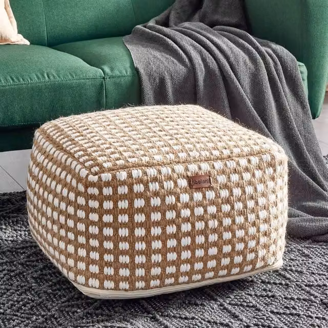 Wyld and Coco Handwoven Boho Pouf Ottoman in Beige Cotton and Wool, W/D/H: 50 x 50 x 30 cm
