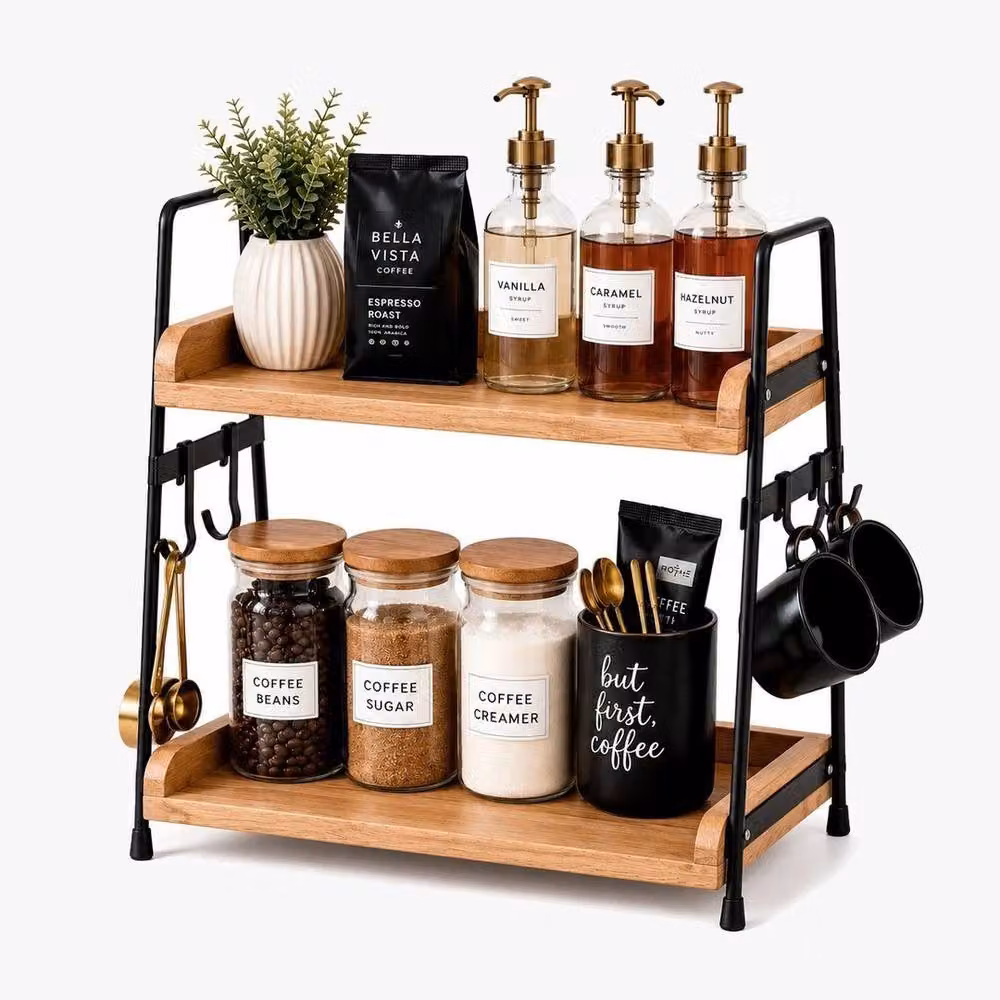 EONLION 2 Tier Brown Wooden Freestanding Spice Rack Holder – 4