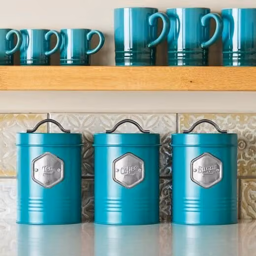 Cooks Professional 3-Piece Tea, Coffee and Sugar Storage Canister Set in Petrol with Silver Labels