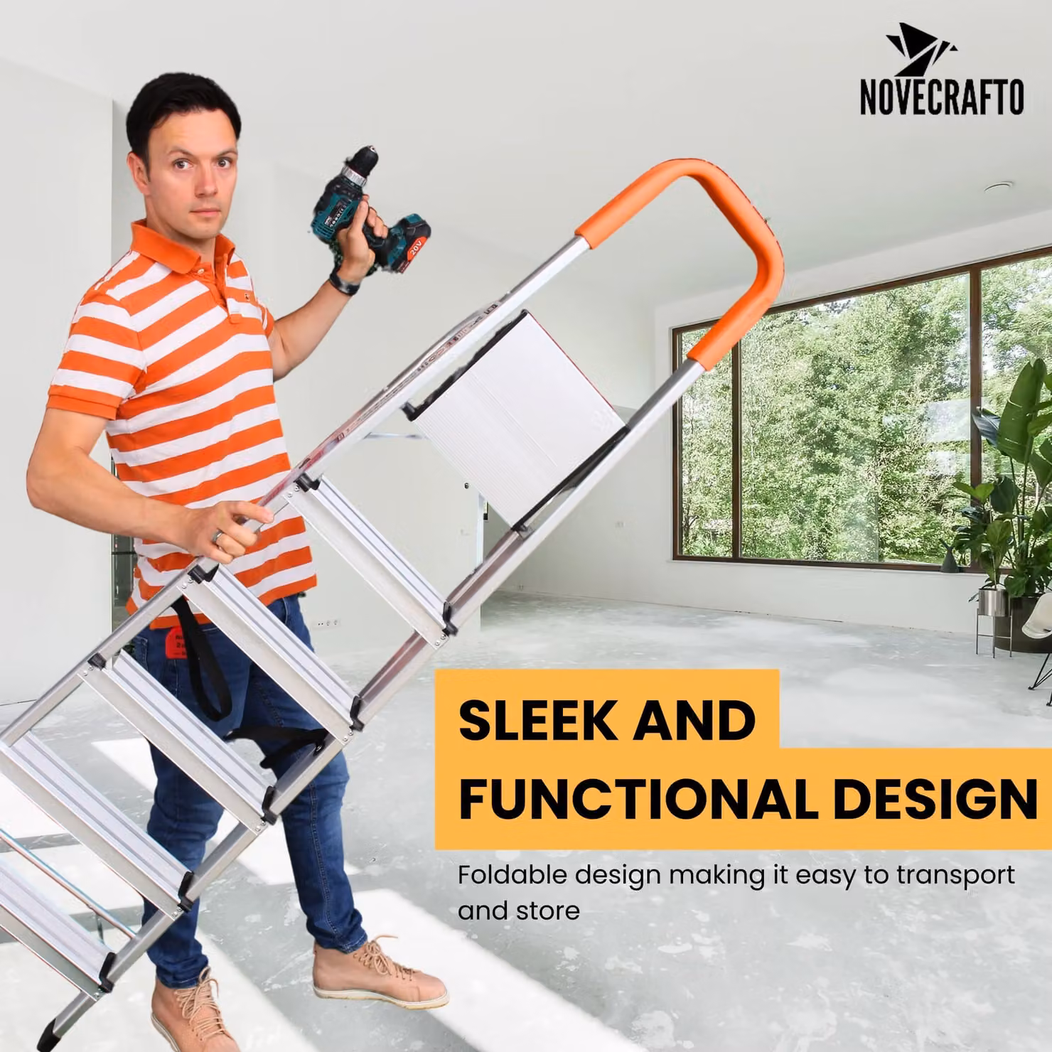 Novecrafto 6-Step Lightweight Aluminium Folding Stepladder in Silver and Orange, Height: 167 cm – 3