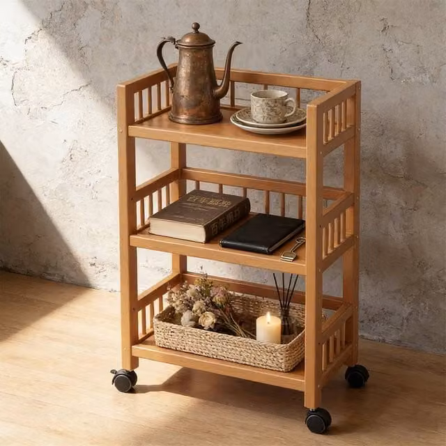 FORGEVIO 3 Tier Bamboo Storage Trolley Cart with Castors in Brown
