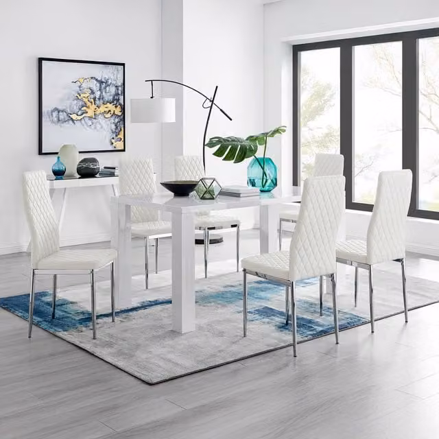 FurnitureboxUK Pivero White Rectangular Glass Dining Table and 6 Milan Chairs Set
