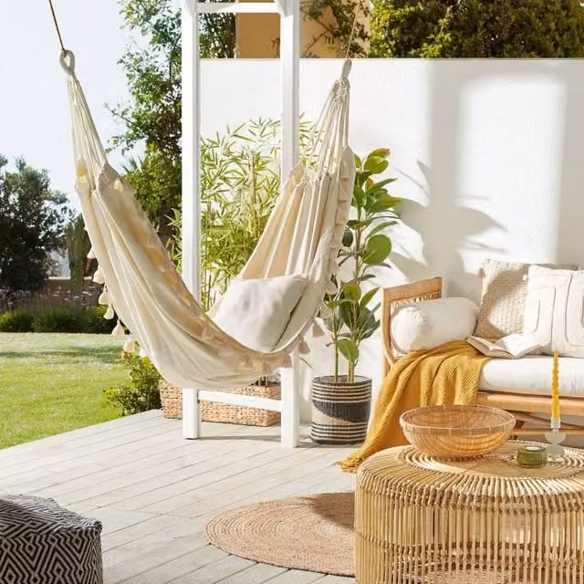 Wyld and Coco Beige Boho Cotton Garden Hammock Swing Seat for Indoor and Outdoor Use