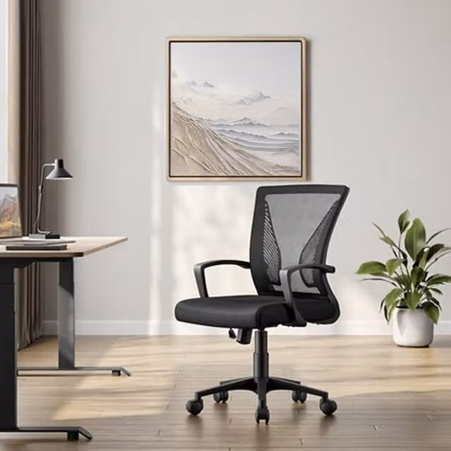 Yaheetech Modern Black Fabric Adjustable Swivel Task Chair with Armrests and Castors for Home Office