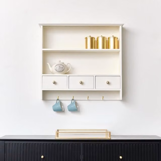 Melody Maison Large Ivory Wall Shelf Unit with Drawer Storage and Hooks