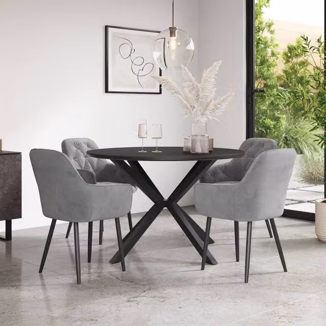More4Homes Calne Round Ceramic Dining Table and 4 Anika Grey Velvet Chairs, Diameter: 120 cm, Height: 75 cm – 1