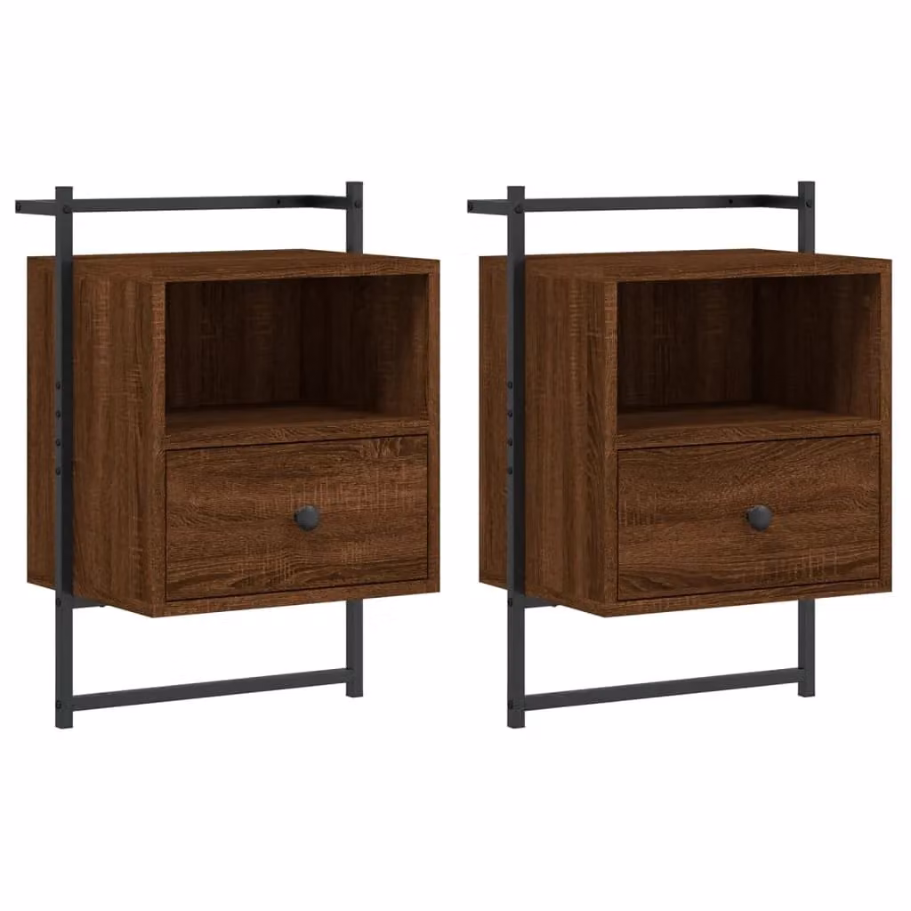 Berkfield Home Set of 2 Wall-mounted Bedside Cabinets in Brown Oak, W/D/H: 40 x 30 x 61 cm – 1