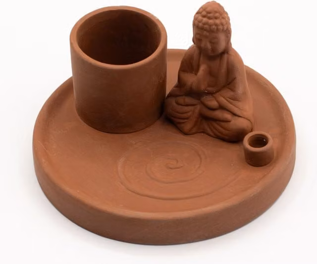 KDMK Multi Purpose Buddha Incense Plate, Brown Ceramic Round Tabletop Design