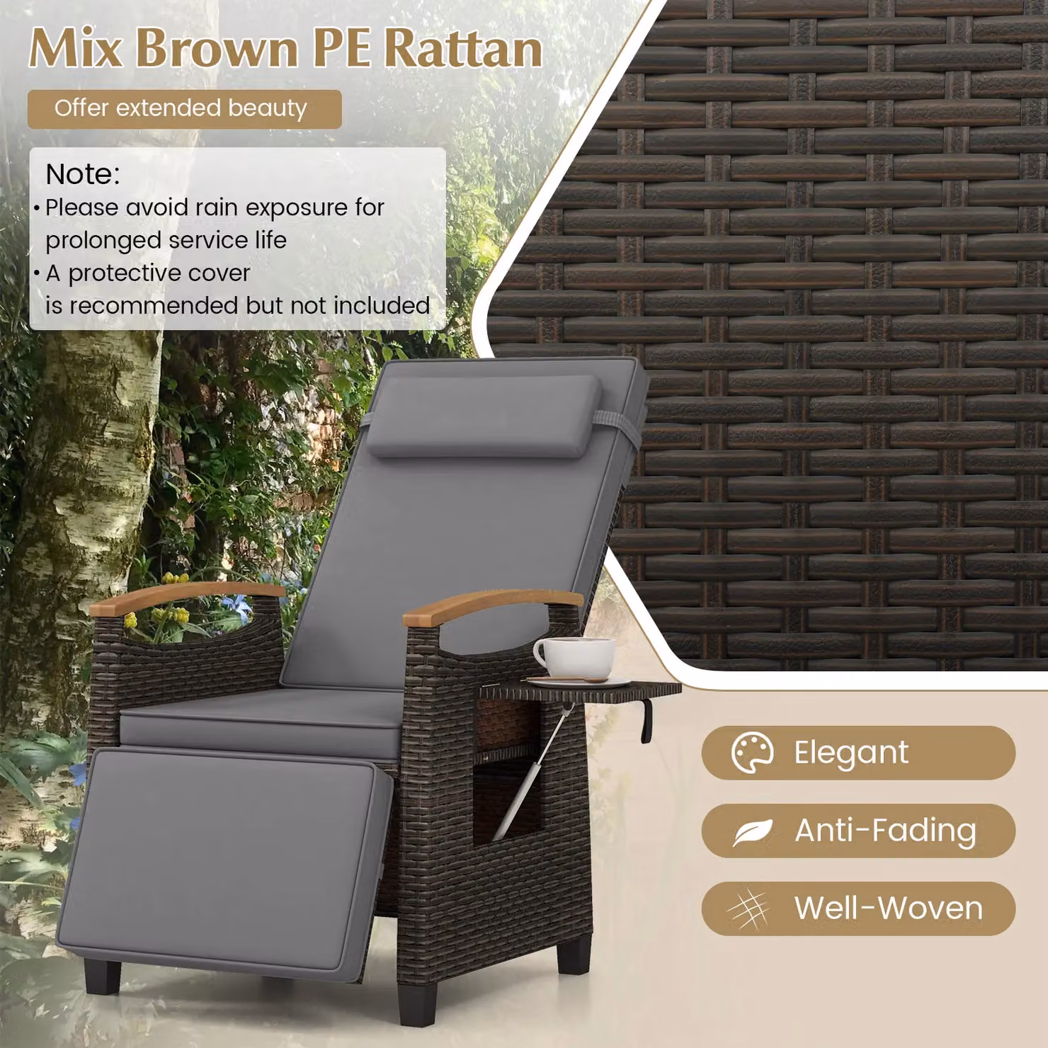 Gymax Grey Rattan Patio Recliner Chair with Acacia Wood Frame – 7