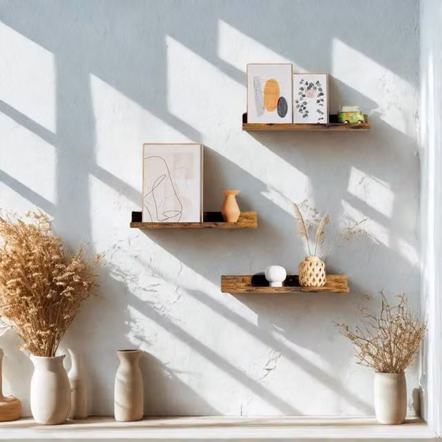Pirlo Plush Set of 3 Industrial Rustic Brown Wall Mounted Shelves – 1