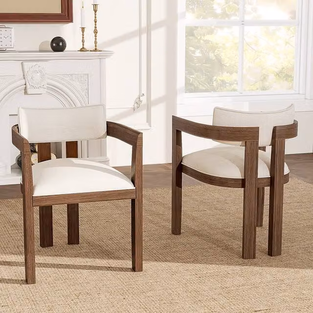 Merax Set of 2 Upholstered Dining Chairs with Armrests, Solid Wood Frame in Walnut and Beige Fabric